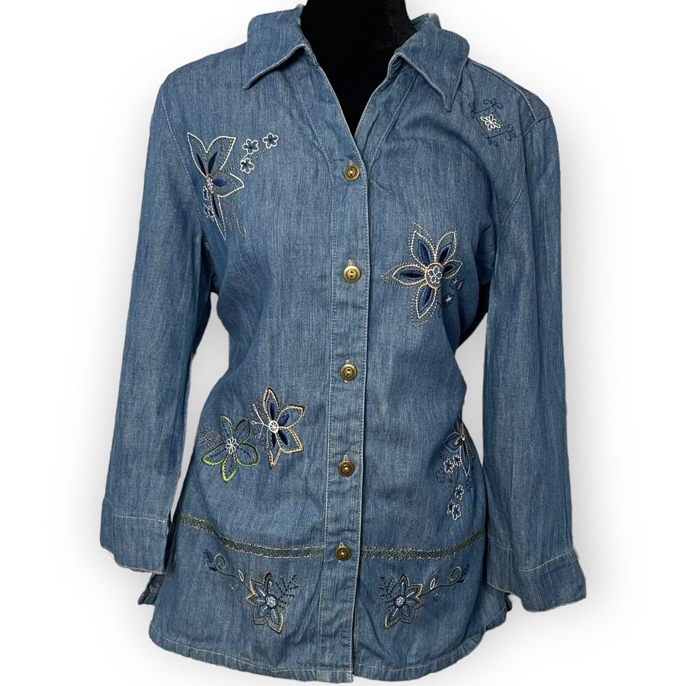 Koret City Blues Chambray Button Up Shirt Womens Medium Blue Embroidered VTG Top